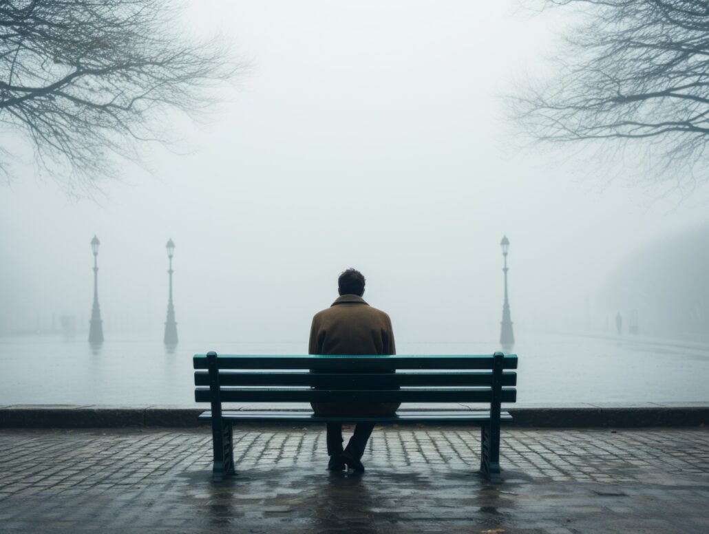 A lone person on a bench in an empty park in dreary weather.