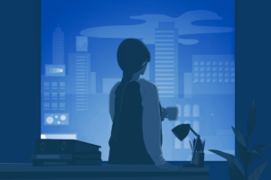 A woman with a coffee looking out her window into the night sky.